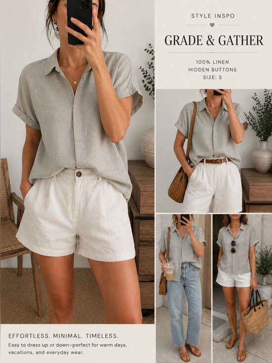 grade & gather Tops - Grade & Gather Linen Button Up Shirt Small Gray Short Sleeve Boxy